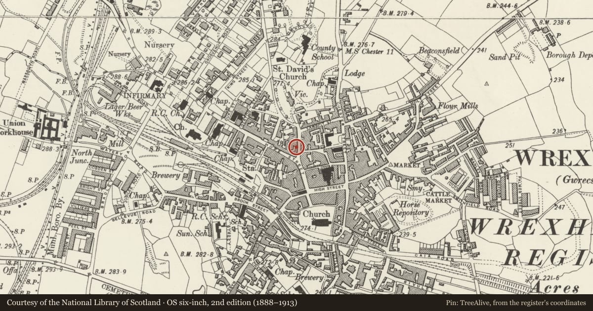 Ordnance Survey six-inch map, 2nd edition (1888–1913) covering the location of 1-3 Queen Street, Rhosddu, Wrexham, with a pin at the register's coordinates