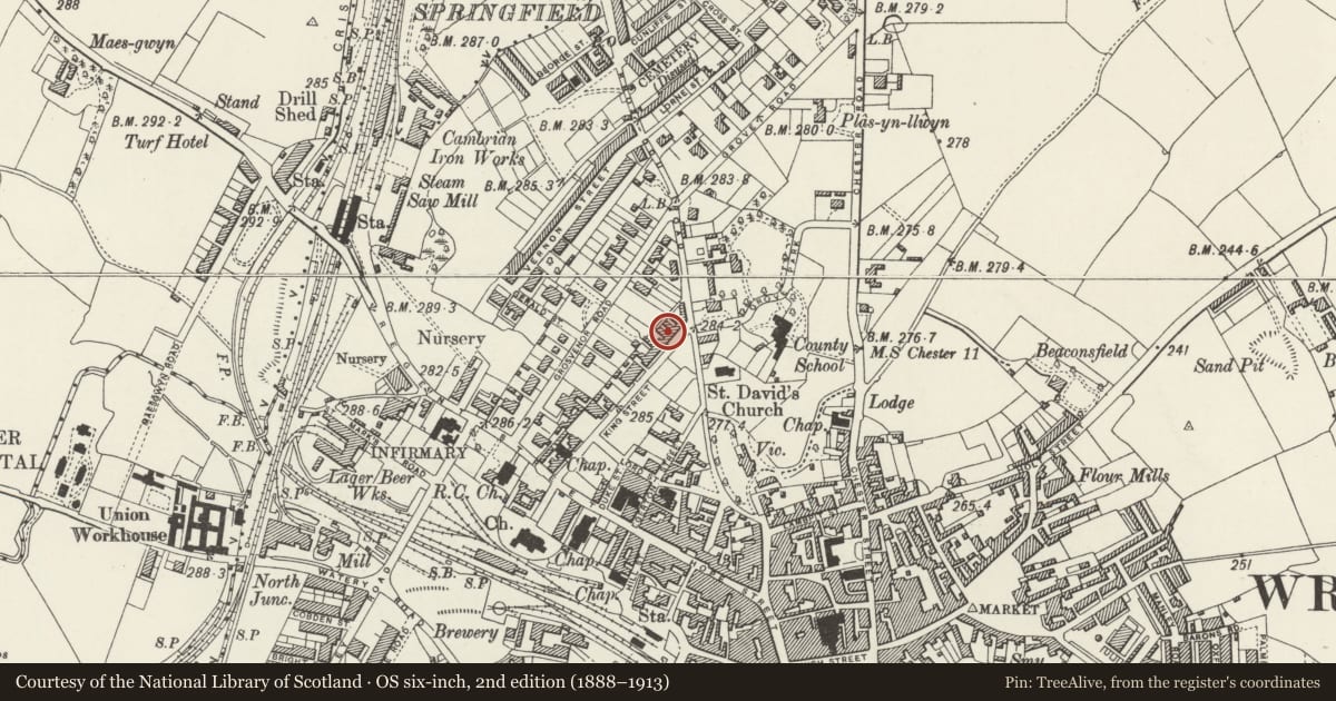 Ordnance Survey six-inch map, 2nd edition (1888–1913) covering the location of 57 King Street, Rhosddu, Wrexham, with a pin at the register's coordinates