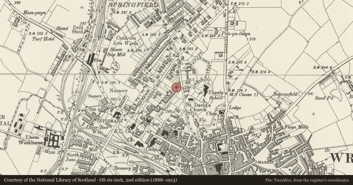 Ordnance Survey six-inch map, 2nd edition (1888–1913) covering the location of 59 King Street, Rhosddu, Wrexham, with a pin at the register's coordinates