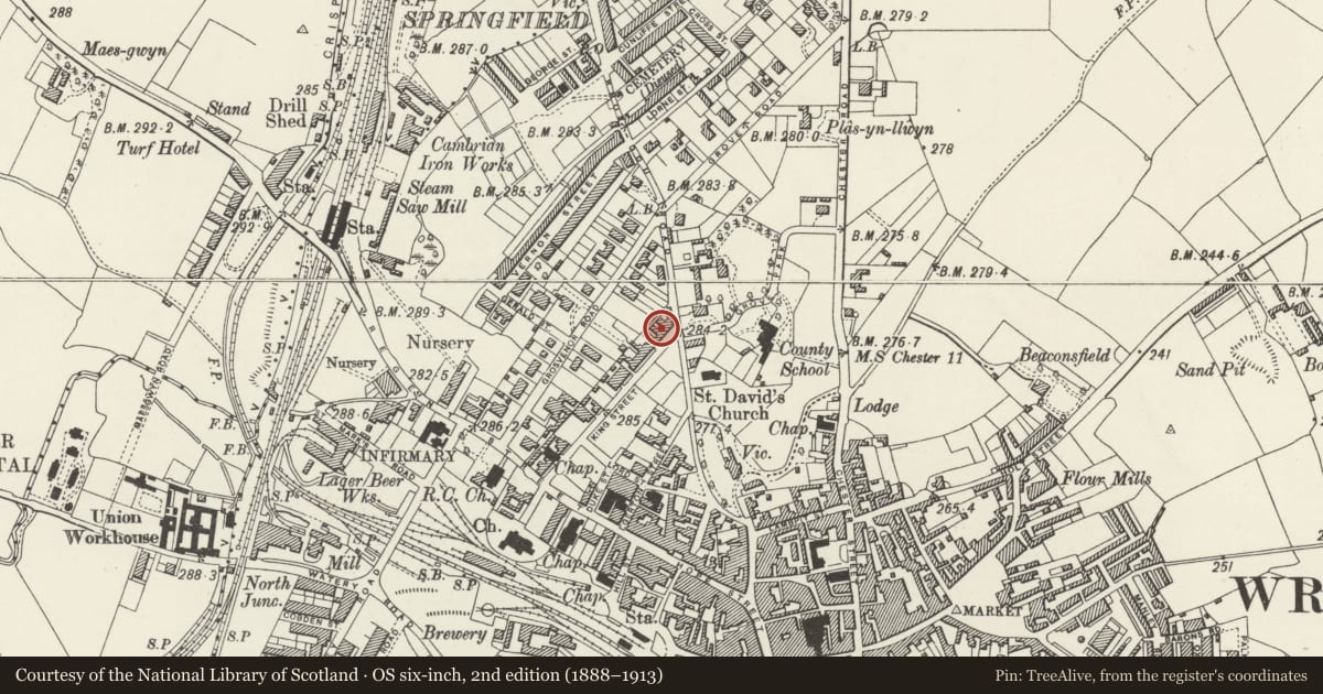 Ordnance Survey six-inch map, 2nd edition (1888–1913) covering the location of 61 King Street, Rhosddu, Wrexham, with a pin at the register's coordinates