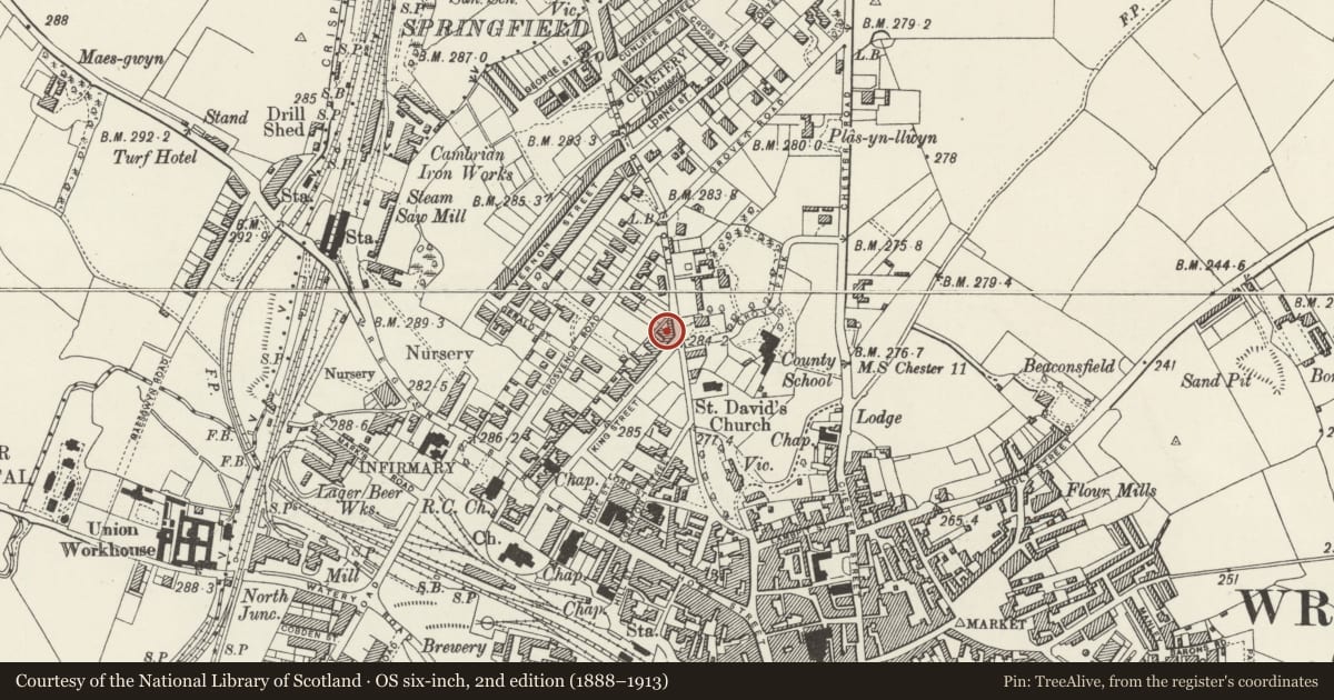 Ordnance Survey six-inch map, 2nd edition (1888–1913) covering the location of 65 King Street, Rhosddu, Wrexham, with a pin at the register's coordinates