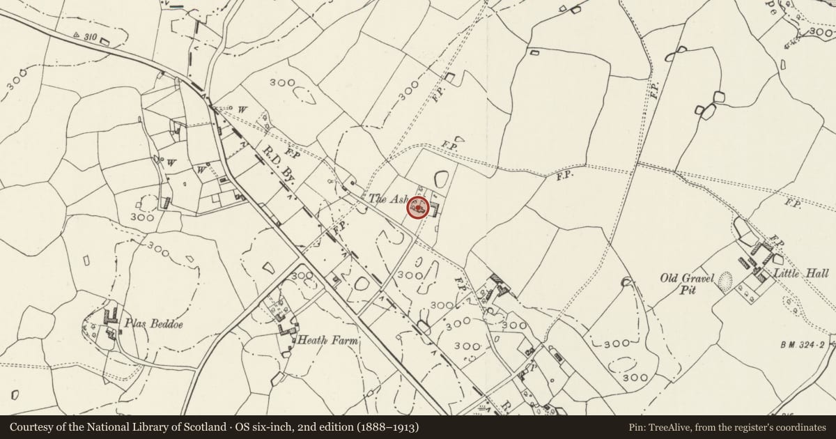 Ordnance Survey six-inch map, 2nd edition (1888–1913) covering the location of The Ashes Farmhouse, Maelor South, Wrexham, with a pin at the register's coordinates
