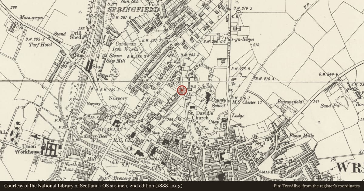 Ordnance Survey six-inch map, 2nd edition (1888–1913) covering the location of The Coach House, Rhosddu, Wrexham, with a pin at the register's coordinates
