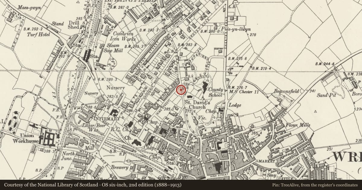 Ordnance Survey six-inch map, 2nd edition (1888–1913) covering the location of Boundry Wall, Gate Piers and Gates at Trinity Presbytarian Church of Wales, Rhosddu, Wrexham, with a pin at the register's coordinates