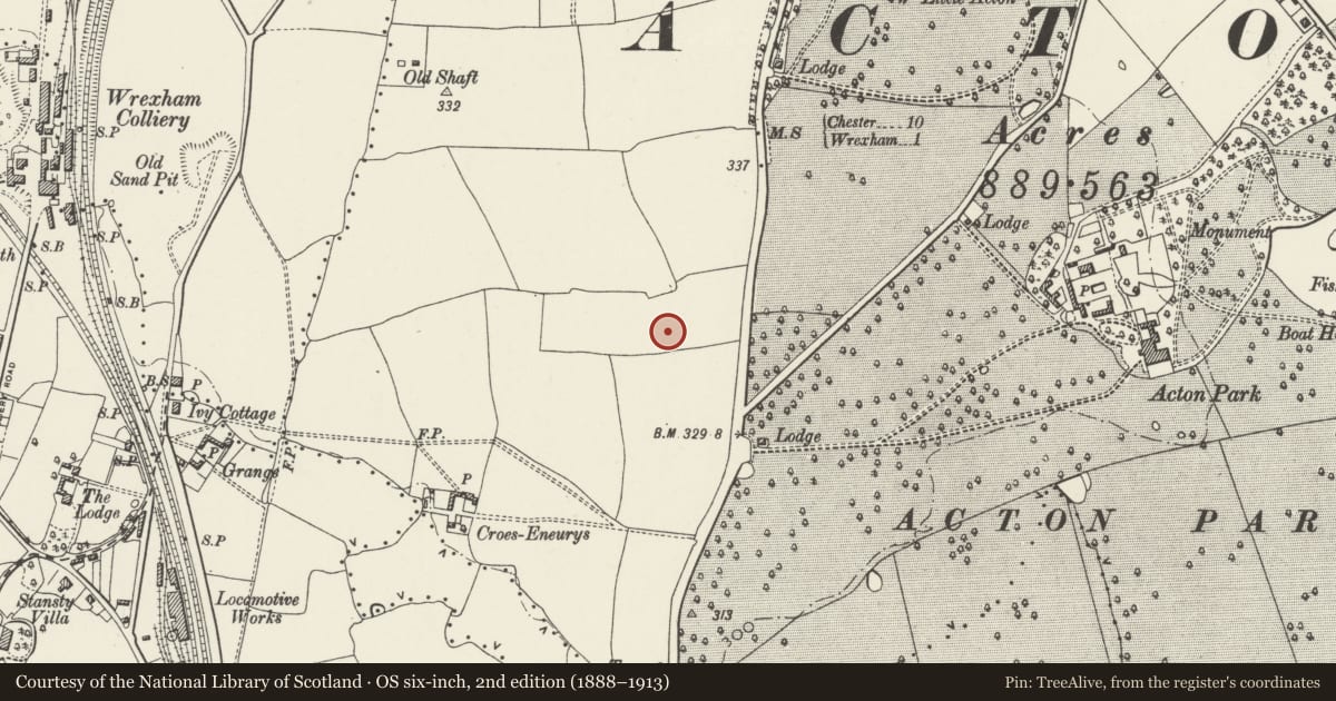 Ordnance Survey six-inch map, 2nd edition (1888–1913) covering the location of 67 Acton Gate, Rhosddu, Wrexham, with a pin at the register's coordinates