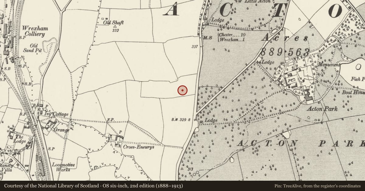 Ordnance Survey six-inch map, 2nd edition (1888–1913) covering the location of 71 Acton Gate, Rhosddu, Wrexham, with a pin at the register's coordinates