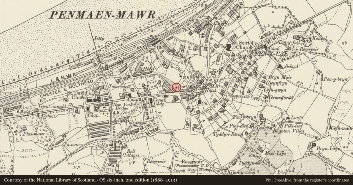 Ordnance Survey six-inch map, 2nd edition (1888–1913) covering the location of Gladstone Monument, Penmaenmawr, Conwy, with a pin at the register's coordinates