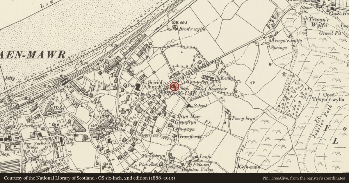 Ordnance Survey six-inch map, 2nd edition (1888–1913) covering the location of Roman Catholic Church of the Lady of the Rosary, Penmaenmawr, Conwy, with a pin at the register's coordinates
