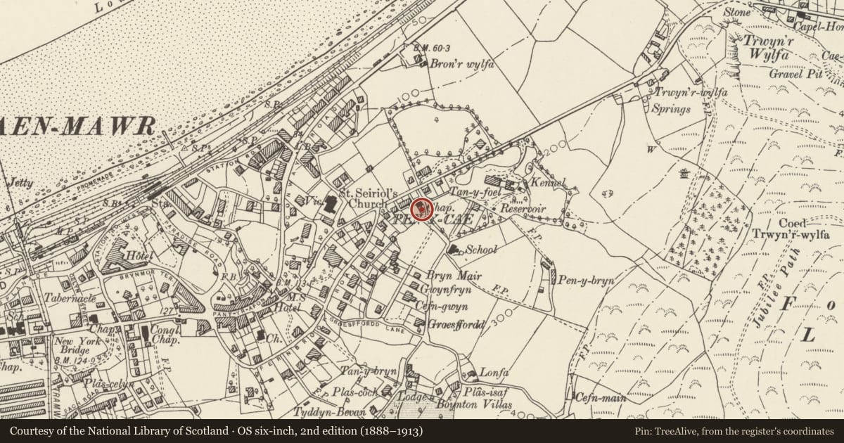Ordnance Survey six-inch map, 2nd edition (1888–1913) covering the location of Attached former Minister's House, Penmaenmawr, Conwy, with a pin at the register's coordinates