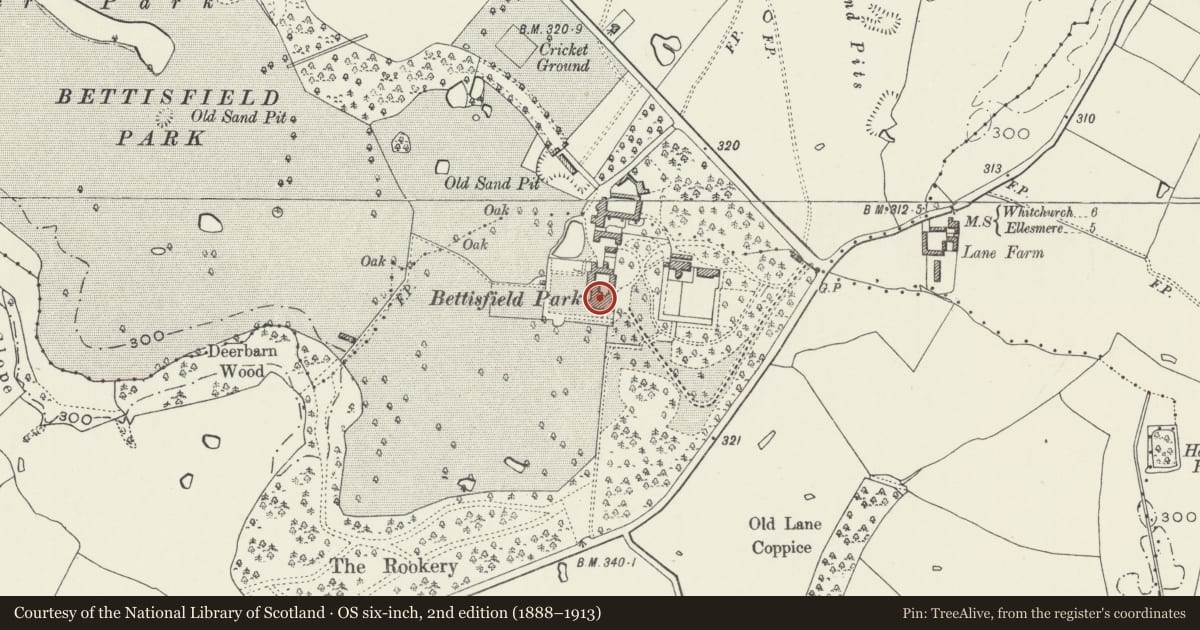 Ordnance Survey six-inch map, 2nd edition (1888–1913) covering the location of Bettisfield Park, including attached garden walls, Hanmer, Wrexham, with a pin at the register's coordinates