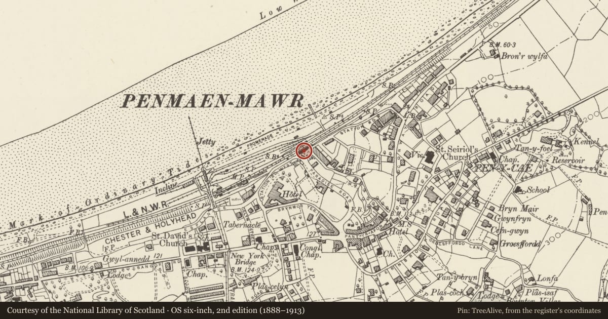 Ordnance Survey six-inch map, 2nd edition (1888–1913) covering the location of Penmaenmawr Railway Station, Conwy, with a pin at the register's coordinates