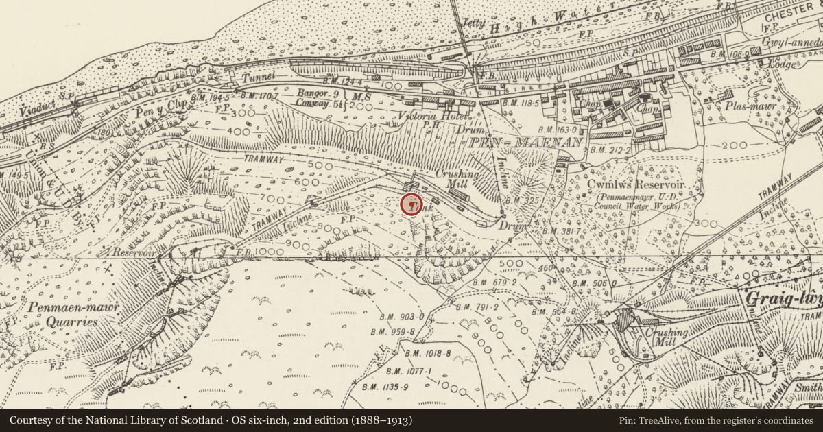 Ordnance Survey six-inch map, 2nd edition (1888–1913) covering the location of Incline Drumhouse at Middle Bank, Penmaenmawr, Conwy, with a pin at the register's coordinates