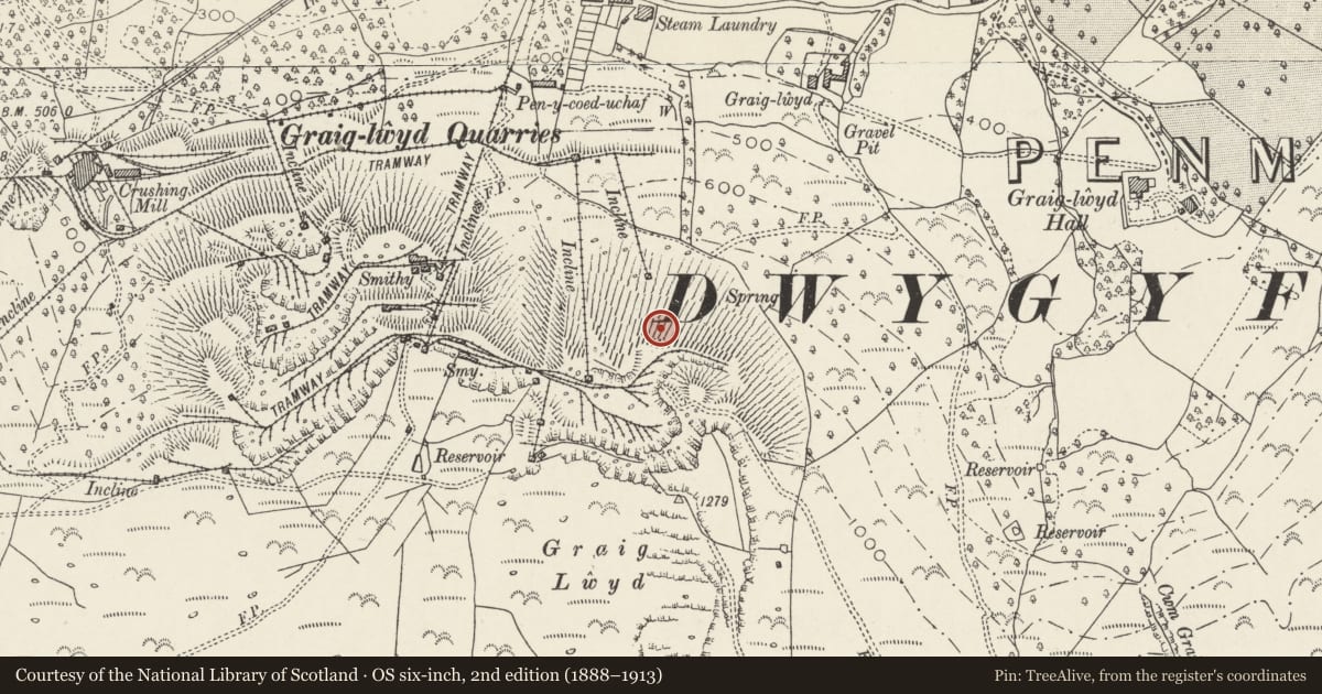 Ordnance Survey six-inch map, 2nd edition (1888–1913) covering the location of Sett Makers Huts at New Bank, Penmaenmawr, Conwy, with a pin at the register's coordinates