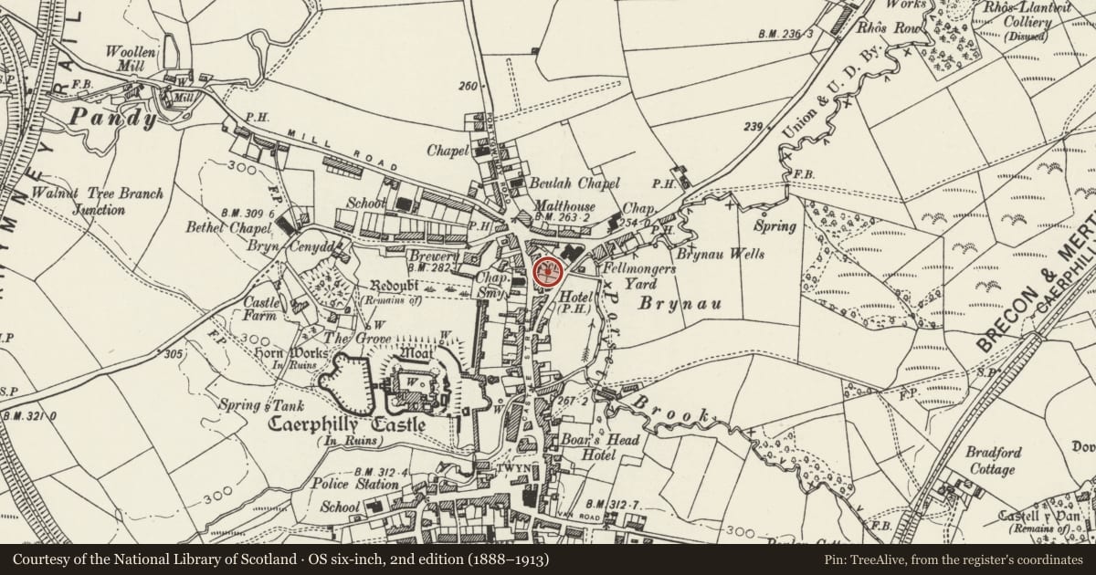 Ordnance Survey six-inch map, 2nd edition (1888–1913) covering the location of Caerphilly Workmen's Hall and Institute, with a pin at the register's coordinates