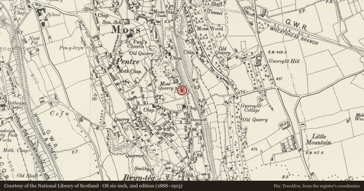 Ordnance Survey six-inch map, 2nd edition (1888–1913) covering the location of 41 Westminster Road, Broughton, Wrexham, with a pin at the register's coordinates