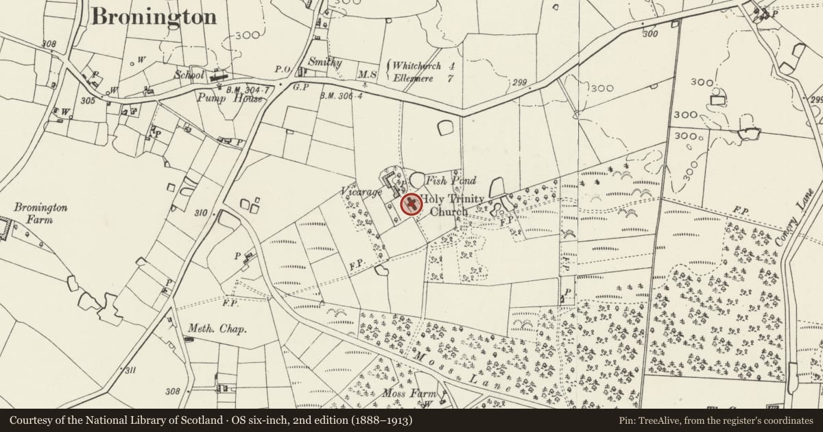 Ordnance Survey six-inch map, 2nd edition (1888–1913) covering the location of Church of the Holy Trinity, Bronington, Wrexham, with a pin at the register's coordinates
