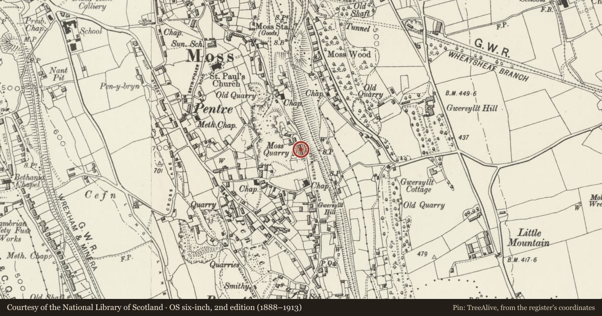 Ordnance Survey six-inch map, 2nd edition (1888–1913) covering the location of 44 Westminster Road, Broughton, Wrexham, with a pin at the register's coordinates