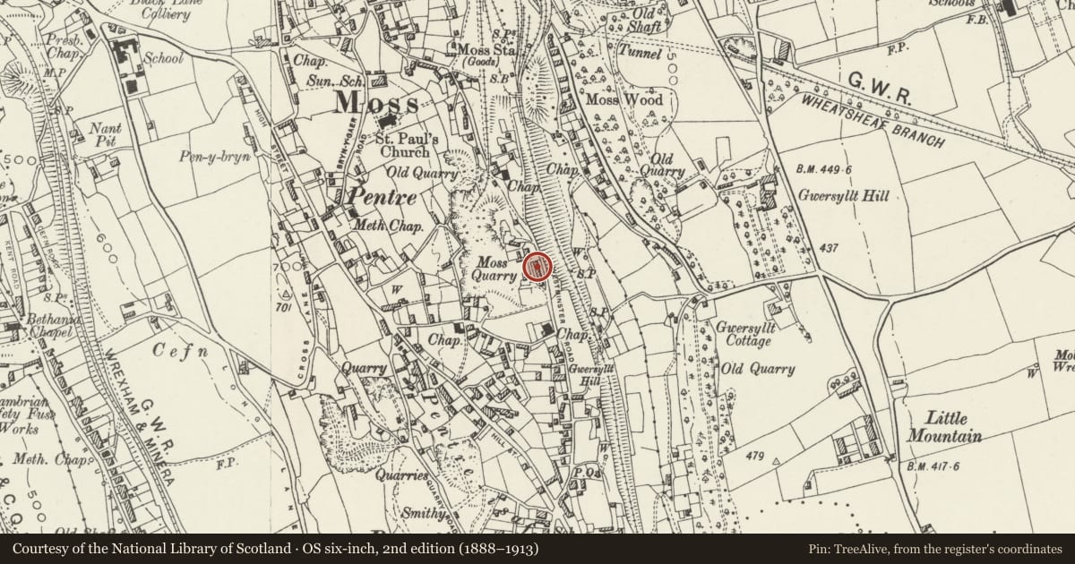Ordnance Survey six-inch map, 2nd edition (1888–1913) covering the location of 45 Westminster Road, Broughton, Wrexham, with a pin at the register's coordinates