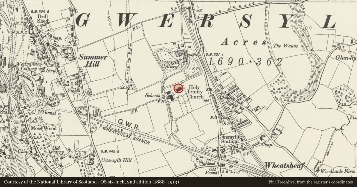 Ordnance Survey six-inch map, 2nd edition (1888–1913) covering the location of Church of the Holy Trinity, Gwersyllt, Wrexham, with a pin at the register's coordinates
