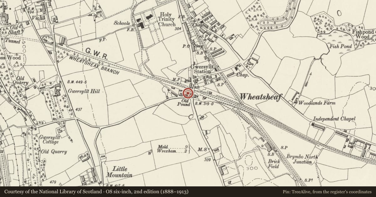 Ordnance Survey six-inch map, 2nd edition (1888–1913) covering the location of War Memorial with Railings to Memorial Gardens, Gwersyllt, Wrexham, with a pin at the register's coordinates