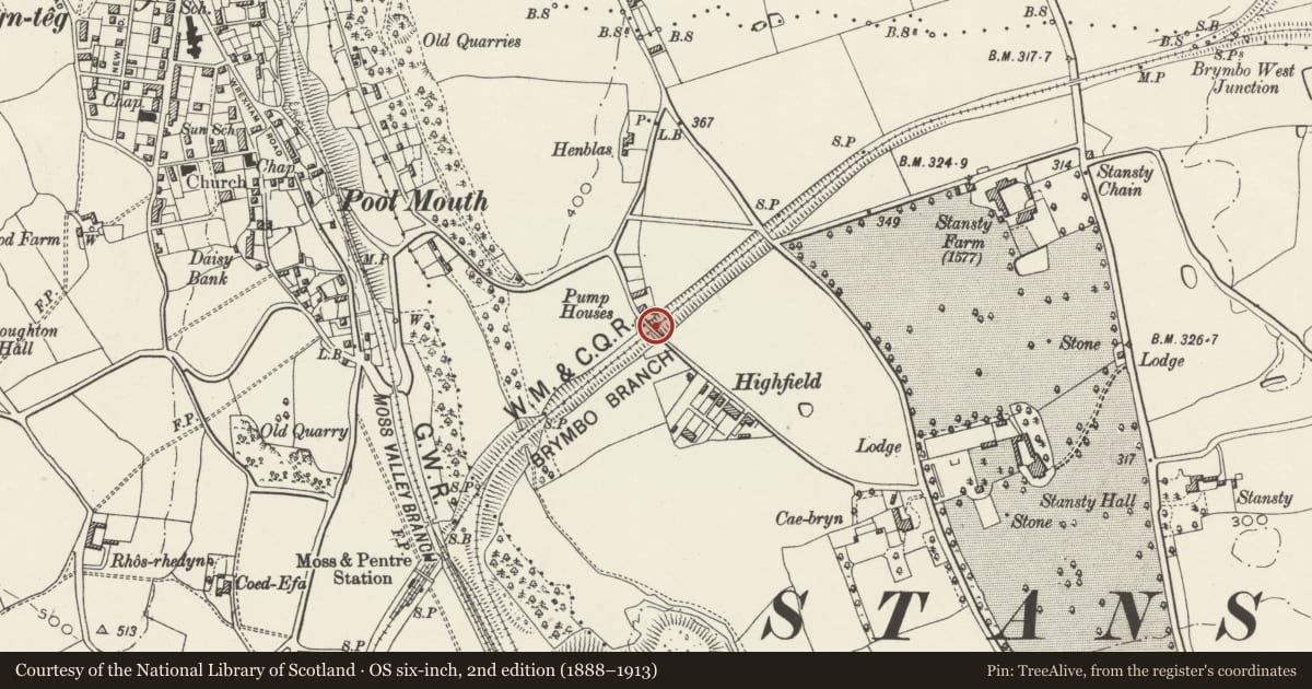 Ordnance Survey six-inch map, 2nd edition (1888–1913) covering the location of Bridge over Former Railway, Gwersyllt, Wrexham, with a pin at the register's coordinates