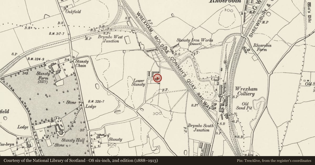 Ordnance Survey six-inch map, 2nd edition (1888–1913) covering the location of Lower Stansty Farmhouse, Gwersyllt, Wrexham, with a pin at the register's coordinates