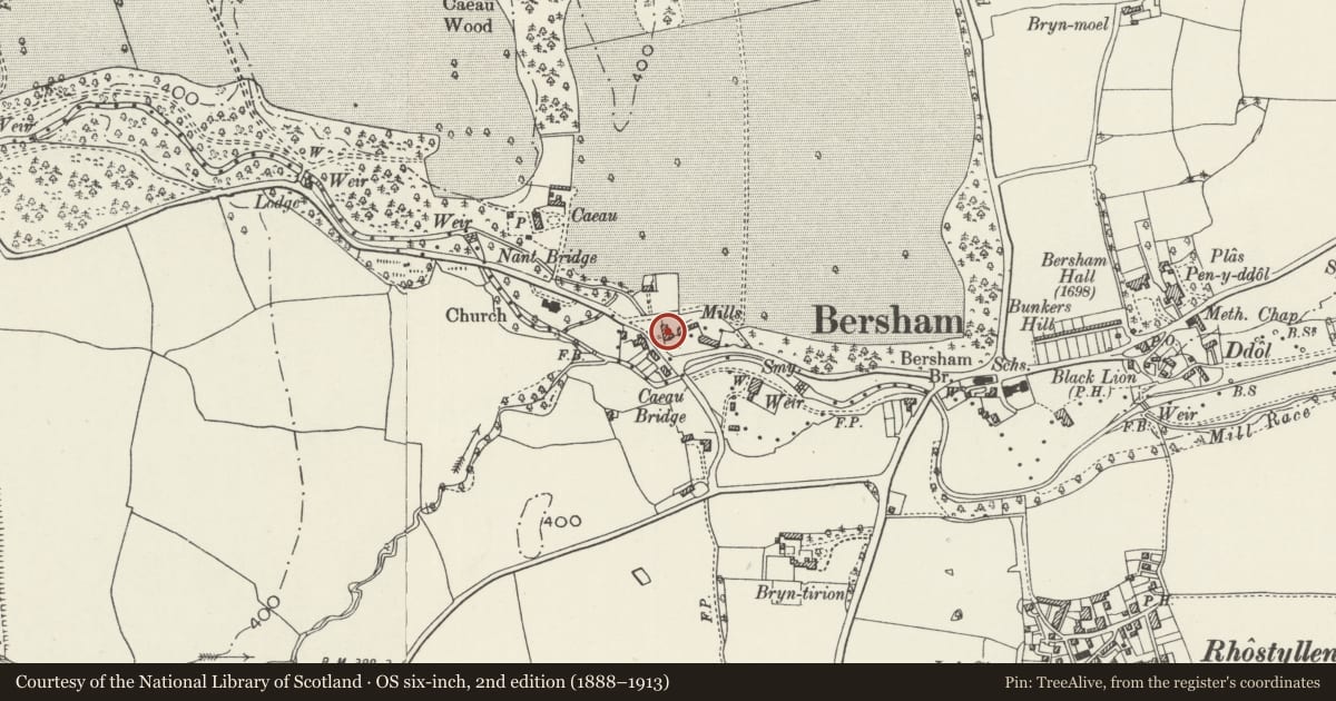 Ordnance Survey six-inch map, 2nd edition (1888–1913) covering the location of Bersham Mill including cast-iron feed pipe, Esclusham, Wrexham, with a pin at the register's coordinates