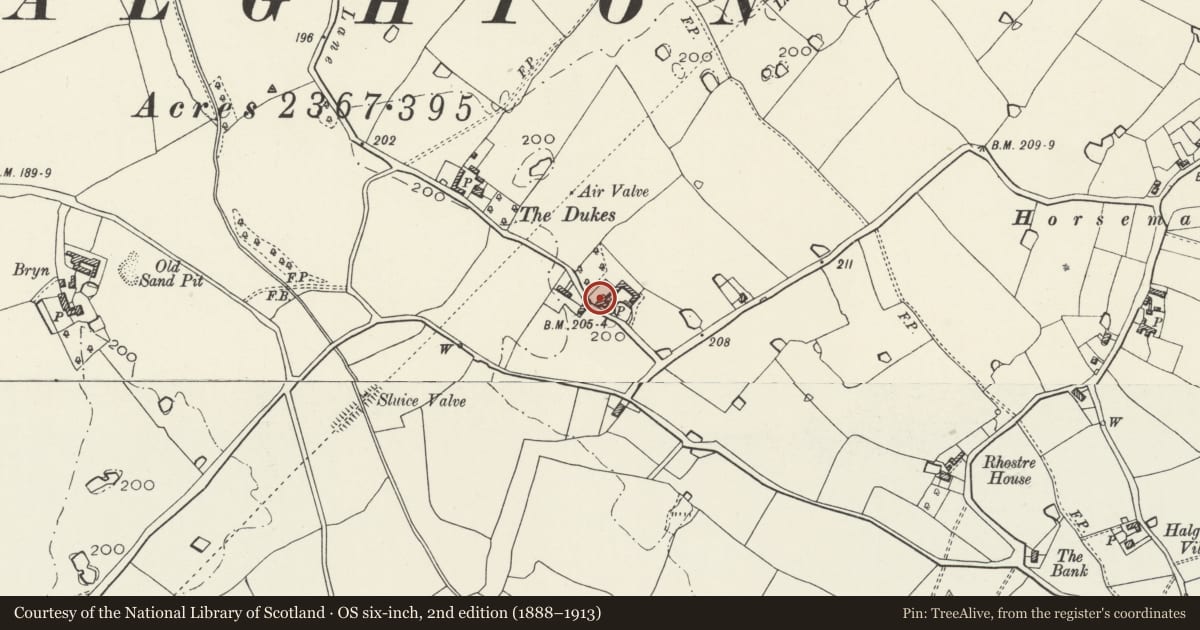 Ordnance Survey six-inch map, 2nd edition (1888–1913) covering the location of The Dukes, Hanmer, Wrexham, with a pin at the register's coordinates