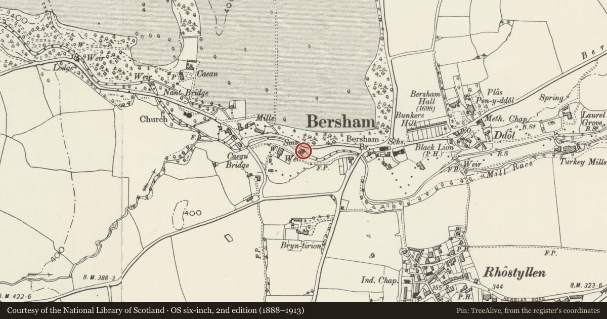 Ordnance Survey six-inch map, 2nd edition (1888–1913) covering the location of East Weir on River Clywedog, Esclusham, Wrexham, with a pin at the register's coordinates