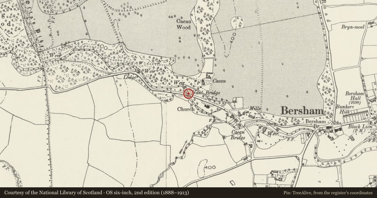 Ordnance Survey six-inch map, 2nd edition (1888–1913) covering the location of Caeau Bridge, Coedpoeth, Wrexham, with a pin at the register's coordinates