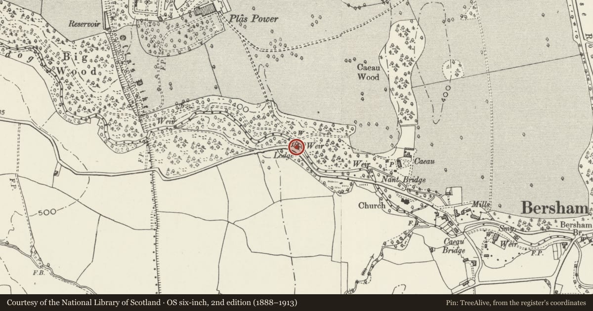 Ordnance Survey six-inch map, 2nd edition (1888–1913) covering the location of Bersham Lodge, Esclusham, Wrexham, with a pin at the register's coordinates
