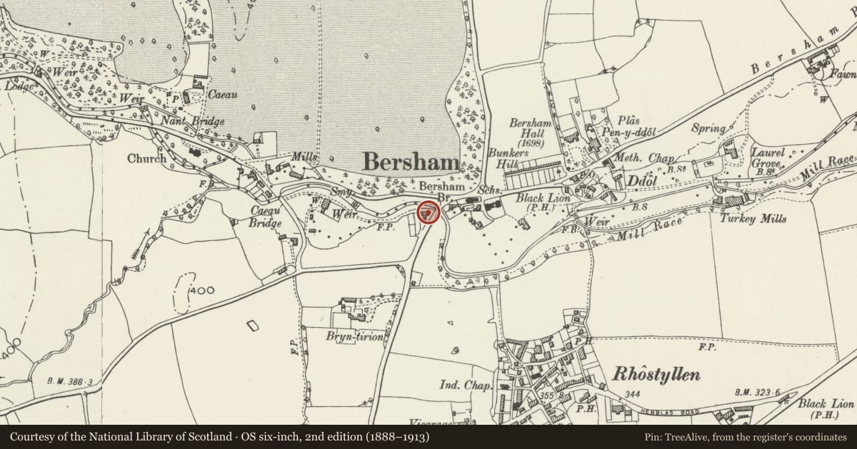Ordnance Survey six-inch map, 2nd edition (1888–1913) covering the location of Bridge Cottages, Esclusham, Wrexham, with a pin at the register's coordinates