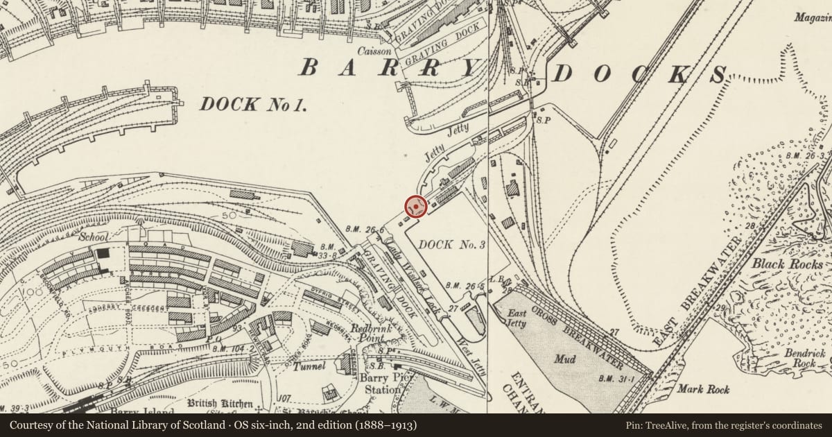 Ordnance Survey six-inch map, 2nd edition (1888–1913) covering the location of Sliding Bridge at N entrance to Basin, Barry, Vale of Glamorgan, with a pin at the register's coordinates