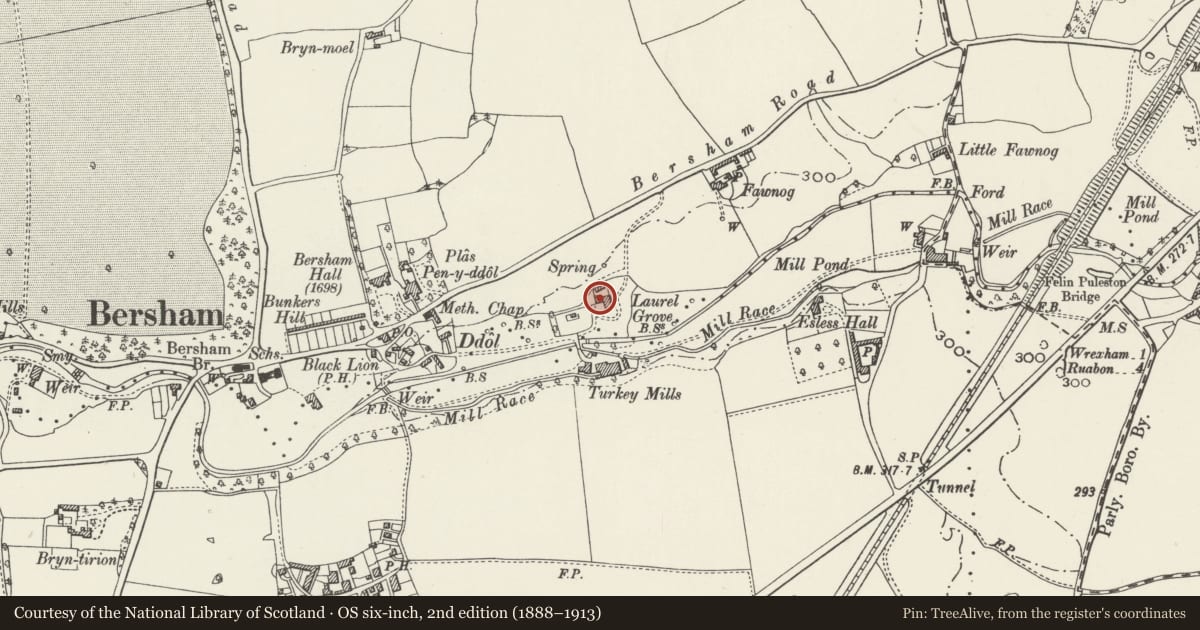 Ordnance Survey six-inch map, 2nd edition (1888–1913) covering the location of 1-3 Laurel Grove, Esclusham, Wrexham, with a pin at the register's coordinates