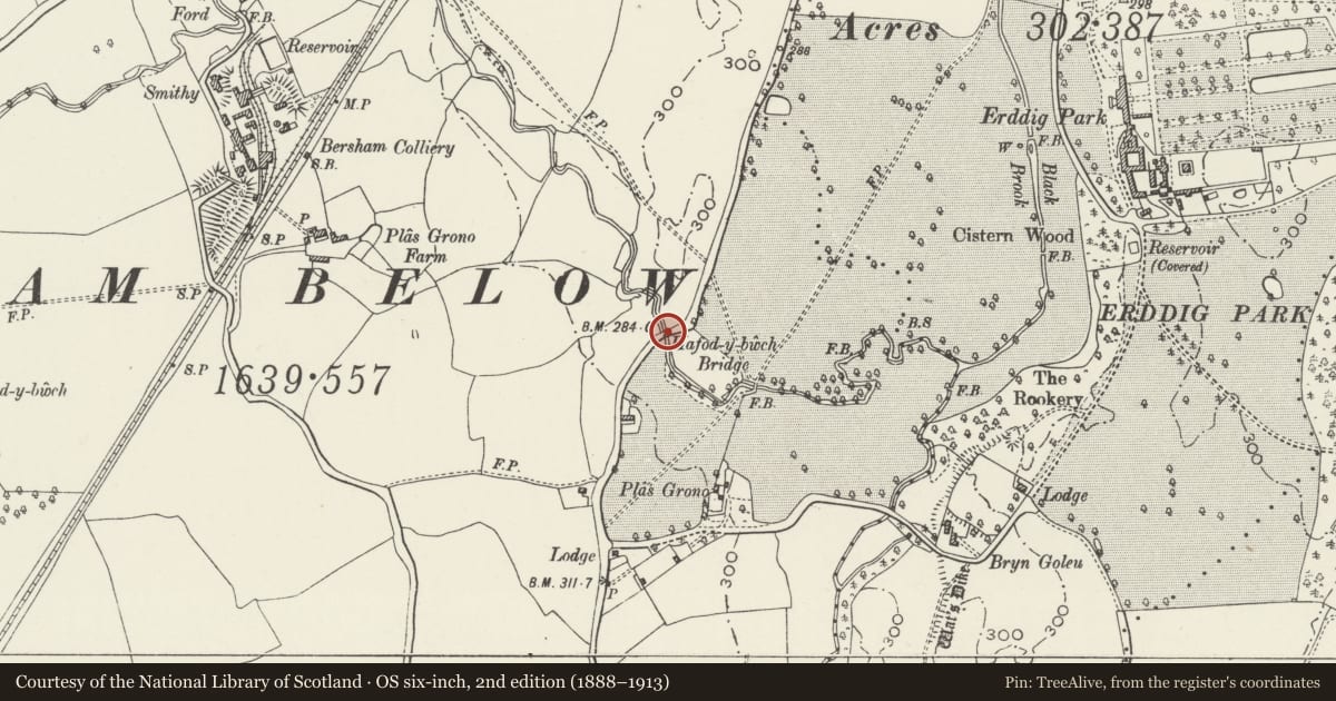 Ordnance Survey six-inch map, 2nd edition (1888–1913) covering the location of Hafod-y-bwch Bridge, Esclusham, Wrexham, with a pin at the register's coordinates