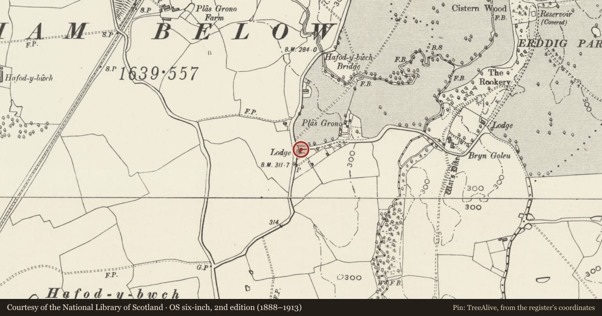 Ordnance Survey six-inch map, 2nd edition (1888–1913) covering the location of Plas Grono Lodge, Esclusham, Wrexham, with a pin at the register's coordinates