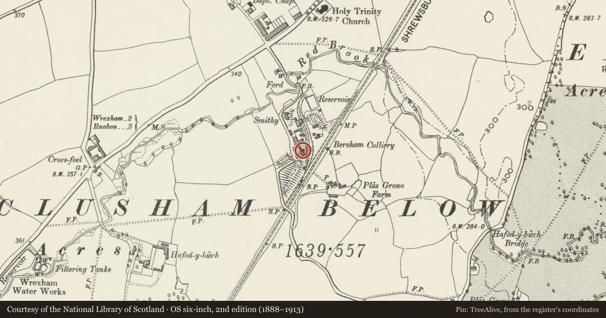 Ordnance Survey six-inch map, 2nd edition (1888–1913) covering the location of Bersham Colliery No 2 Headframe, Esclusham, Wrexham, with a pin at the register's coordinates