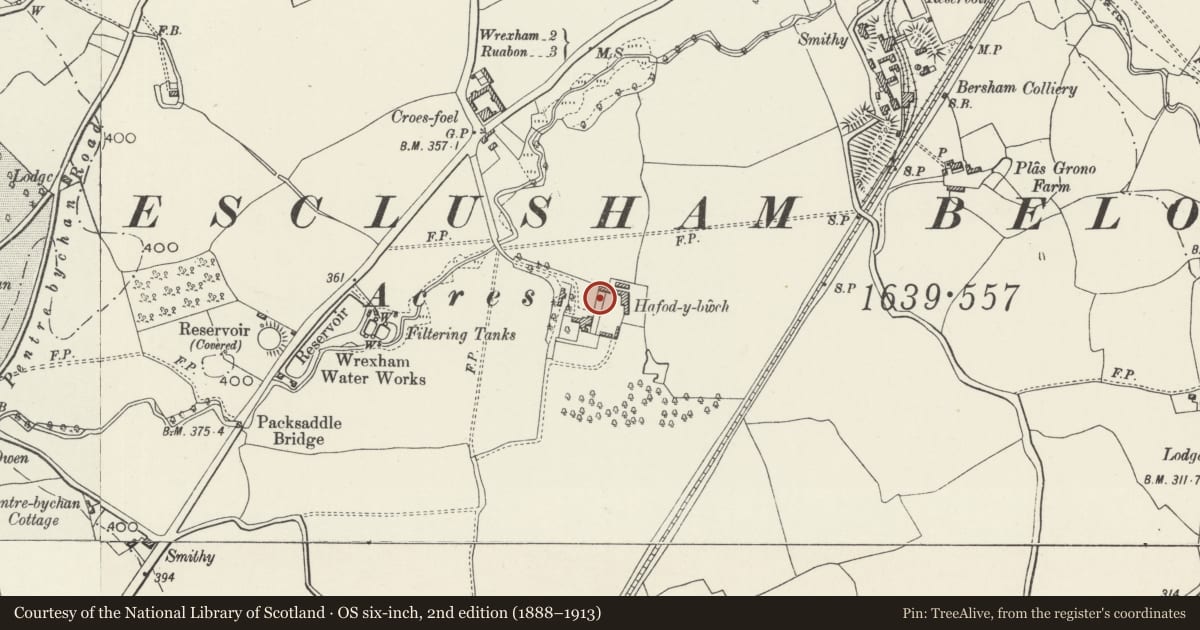 Ordnance Survey six-inch map, 2nd edition (1888–1913) covering the location of Timber-framed Barn in Yard at Hafod-y-Bwch Hall, Esclusham, Wrexham, with a pin at the register's coordinates