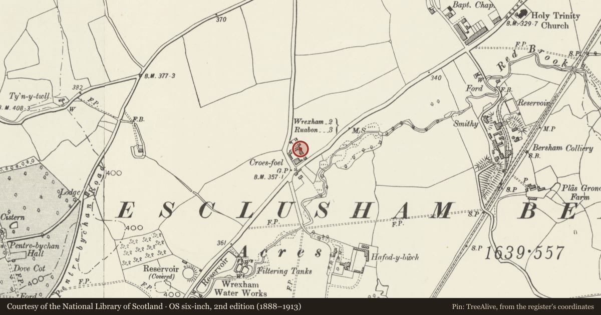 Ordnance Survey six-inch map, 2nd edition (1888–1913) covering the location of Timber-framed building in yard at Croesfoel Farm, Esclusham, Wrexham, with a pin at the register's coordinates
