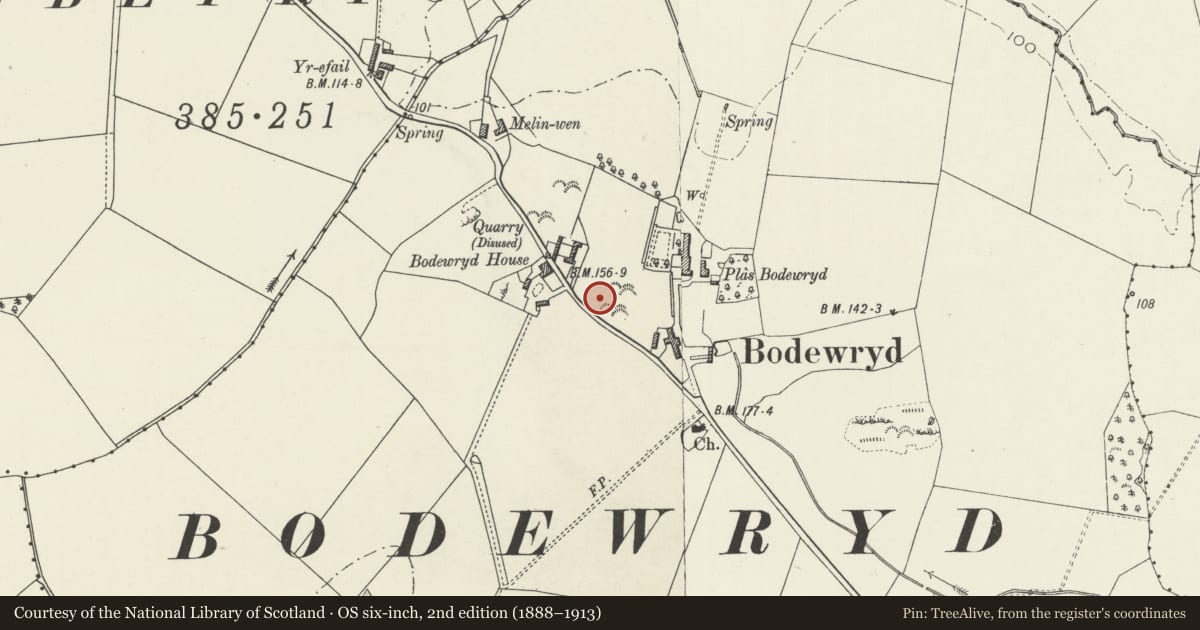 Ordnance Survey six-inch map, 2nd edition (1888–1913) covering the location of Dovecote at Plas Bodewryd, Mechell, Isle of Anglesey, with a pin at the register's coordinates