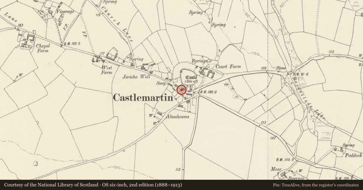 Ordnance Survey six-inch map, 2nd edition (1888–1913) covering the location of The Old Shop, Castlemartin, Pembrokeshire, with a pin at the register's coordinates