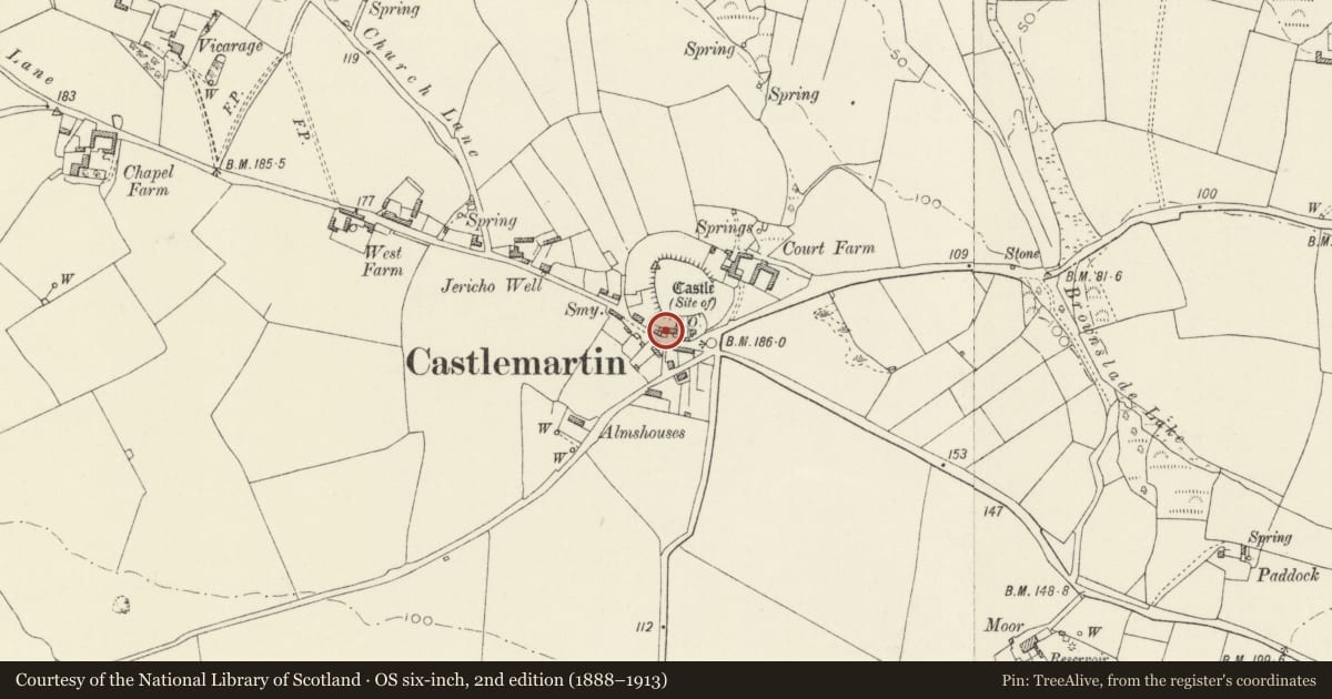 Ordnance Survey six-inch map, 2nd edition (1888–1913) covering the location of The Old Shop, Castlemartin, Pembrokeshire, with a pin at the register's coordinates