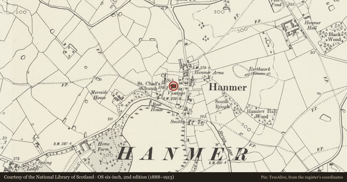 Ordnance Survey six-inch map, 2nd edition (1888–1913) covering the location of Church of St Chad, Hanmer, Wrexham, with a pin at the register's coordinates