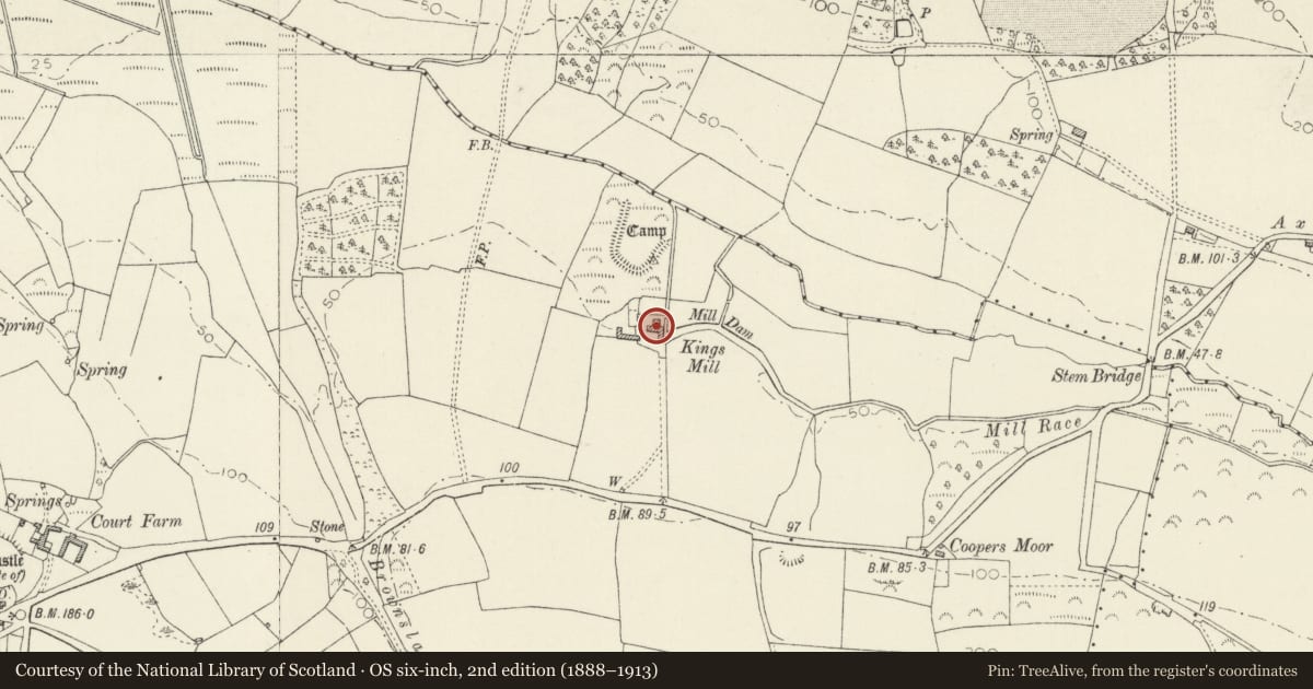 Ordnance Survey six-inch map, 2nd edition (1888–1913) covering the location of Corn Mill House, Castlemartin, Pembrokeshire, with a pin at the register's coordinates