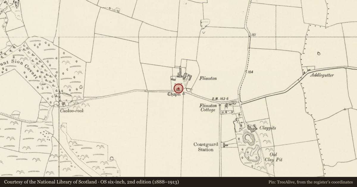 Ordnance Survey six-inch map, 2nd edition (1888–1913) covering the location of Flimston Chapel, Castlemartin, Pembrokeshire, with a pin at the register's coordinates