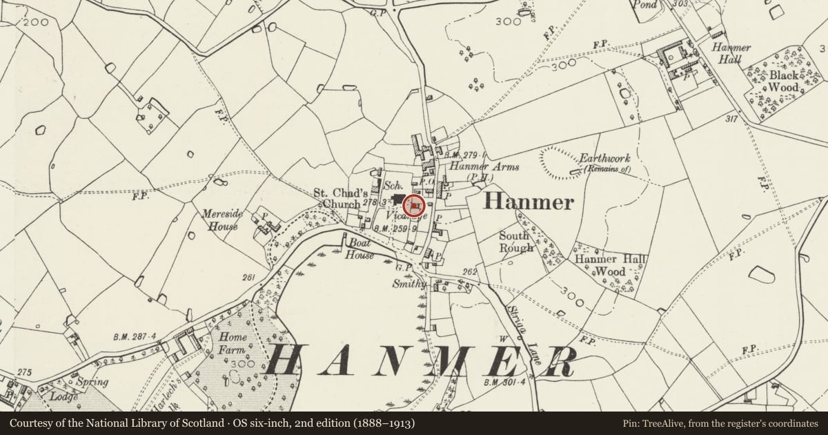 Ordnance Survey six-inch map, 2nd edition (1888–1913) covering the location of The Vicarage, Hanmer, Wrexham, with a pin at the register's coordinates