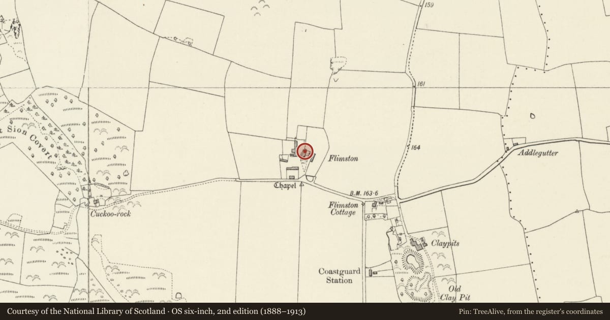 Ordnance Survey six-inch map, 2nd edition (1888–1913) covering the location of Flimston Farmhouse, Castlemartin, Pembrokeshire, with a pin at the register's coordinates