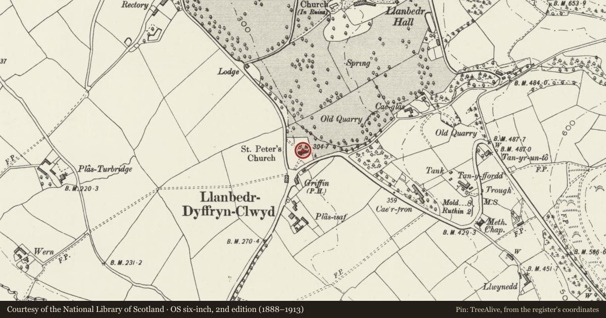 Ordnance Survey six-inch map, 2nd edition (1888–1913) covering the location of Church of St Peter, Llanbedr Dyffryn Clwyd, Denbighshire, with a pin at the register's coordinates