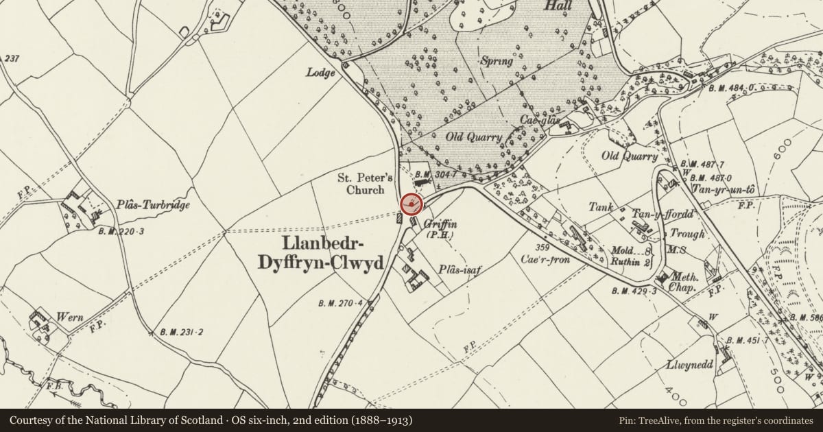 Ordnance Survey six-inch map, 2nd edition (1888–1913) covering the location of Gatepiers and Gates at Church of St Peter, Llanbedr Dyffryn Clwyd, Denbighshire, with a pin at the register's coordinates