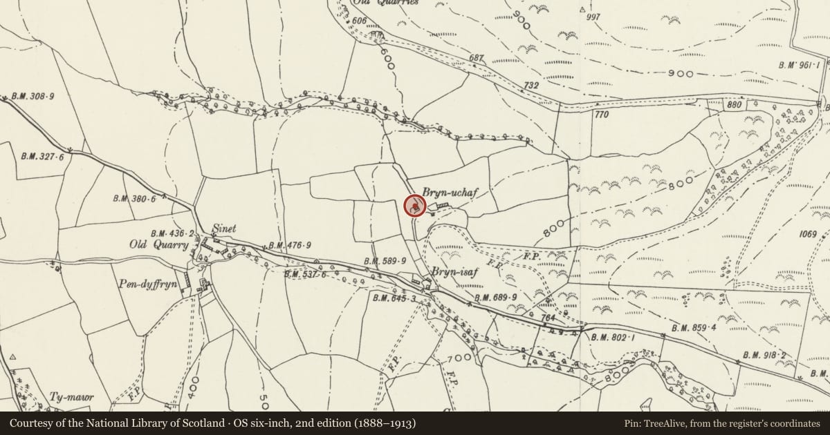 Ordnance Survey six-inch map, 2nd edition (1888–1913) covering the location of Bryn Ucha, Llanfair Dyffryn Clwyd, Denbighshire, with a pin at the register's coordinates